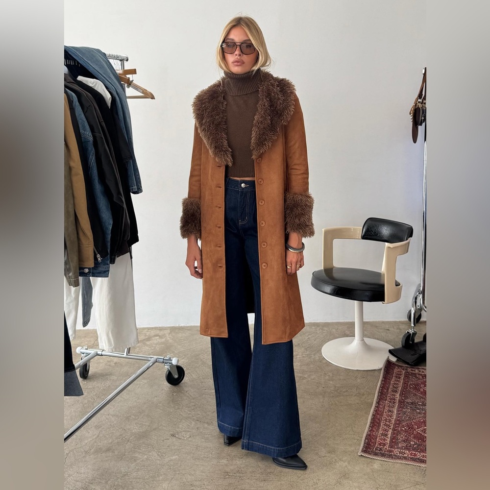 Classic Faux-Shearling Long Coat - Brown